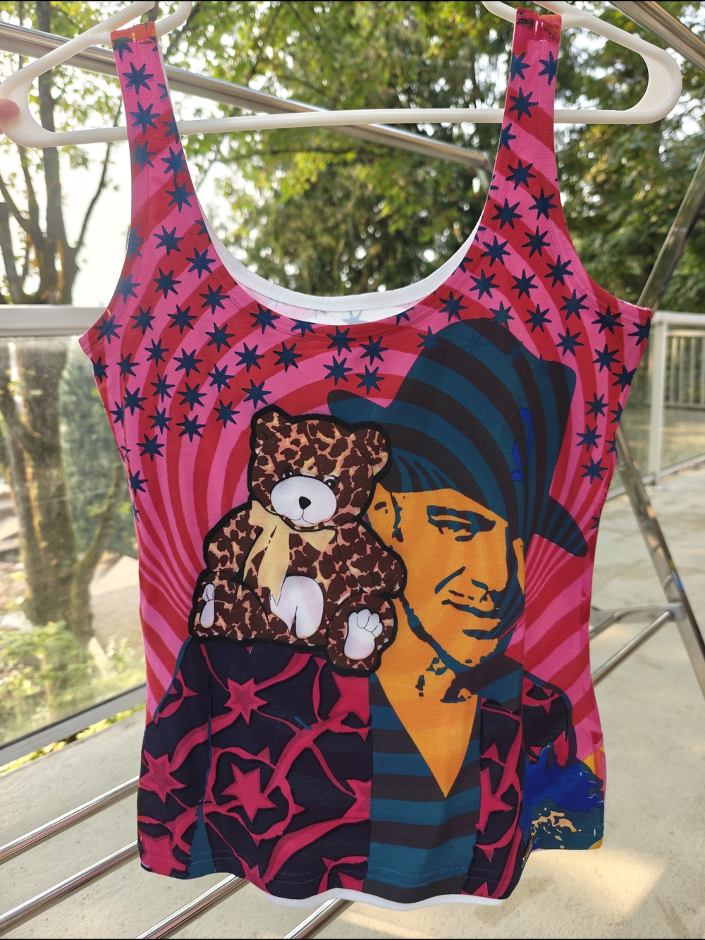 Galliano Pink Star-Print Tank Top with Teddy & Graphic Portrait